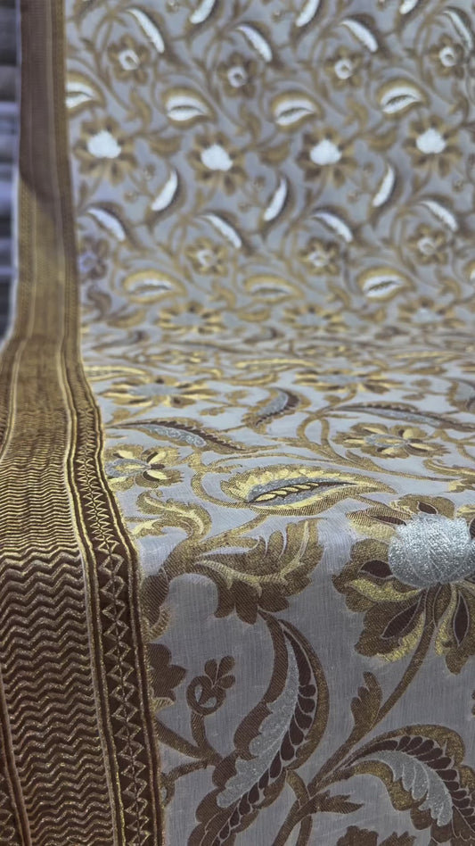 Pure Chiffon Banarasi Jaal Fabric – Bronze & Silver Zari, 39" Width