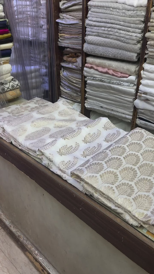 Pure Tissue Silk Motif Fabric – Ivory & Gold Elegance, 36" Width