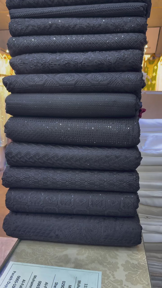 Korean Raw Silk Black Embroidered Collection – 36" Width, Multiple Designs