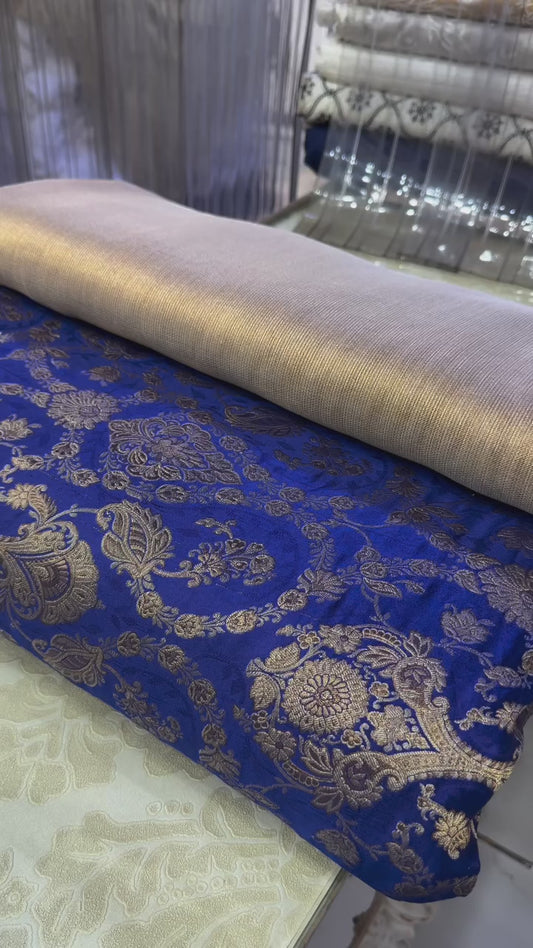 Pure Satin Kimkhab Navy Blue Set + Zari Net Dupatta – 100% Pure Luxury