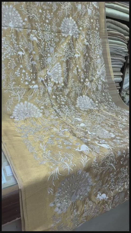 Pure Tissue Embroidered Fabric – Golden Peacock & Swan Design, 36" Width