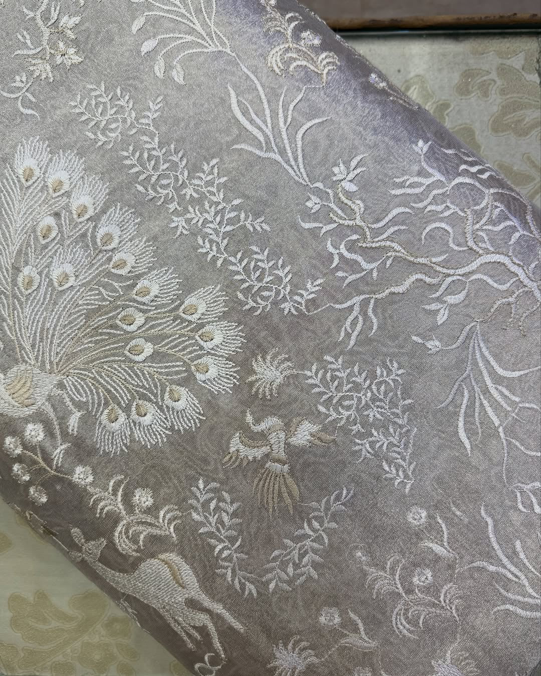 Pure Tissue Embroidered Fabric – Golden Peacock & Swan Design, 36" Width